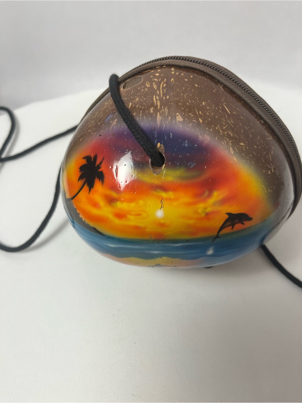 Hand-Painted Coconut Shell Sunset - Orange and Blue crossbody purse